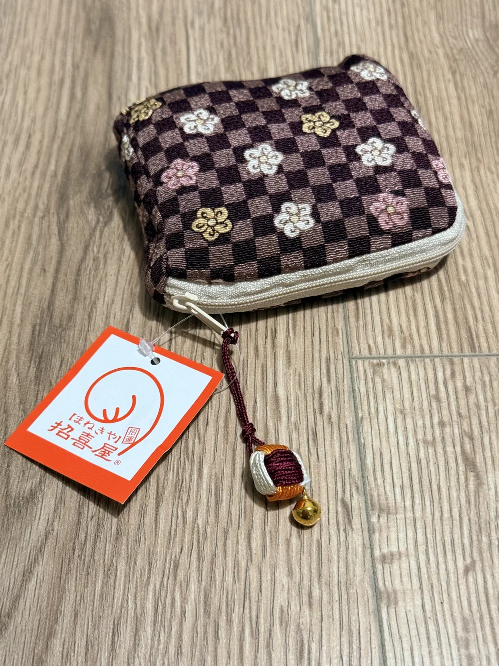 Brown Checker Floral Zip Coin Pouch with Tassel Charm
